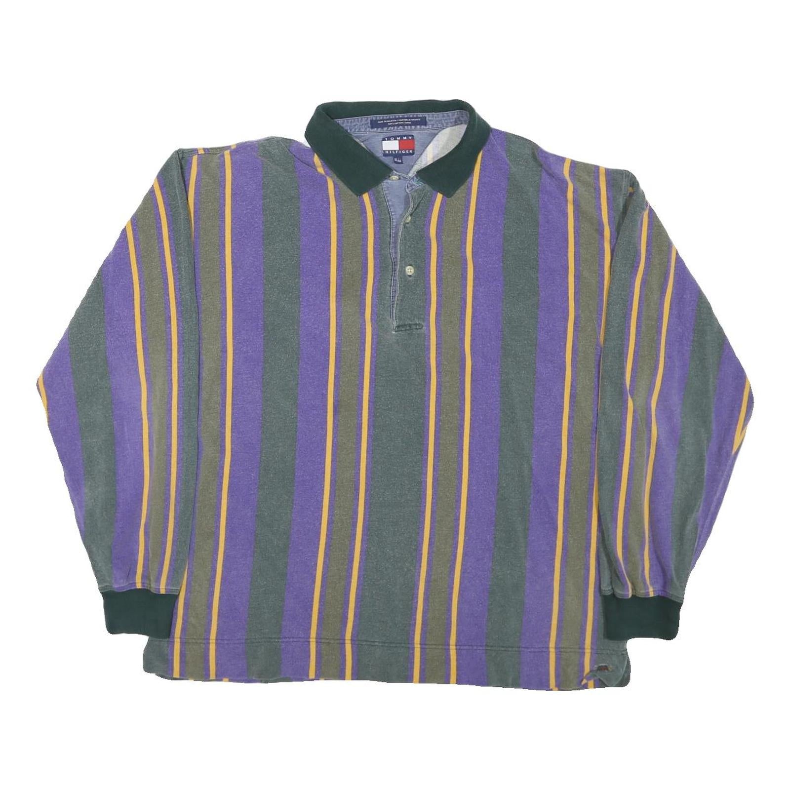 TOMMY HILFIGER Mens Purple & Green Striped Long Sleeve Polo Shirt XL Cotton