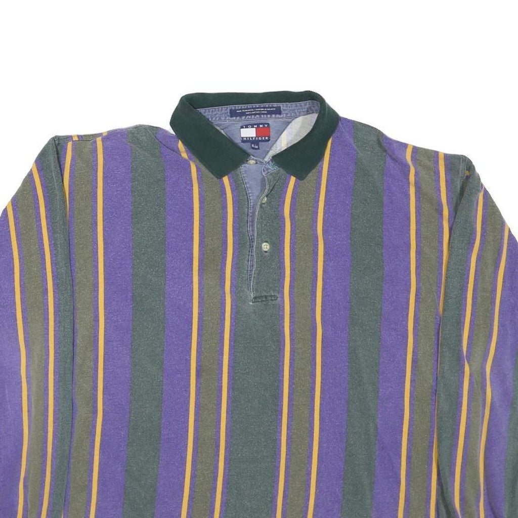 TOMMY HILFIGER Mens Purple & Green Striped Long Sleeve Polo Shirt XL Cotton