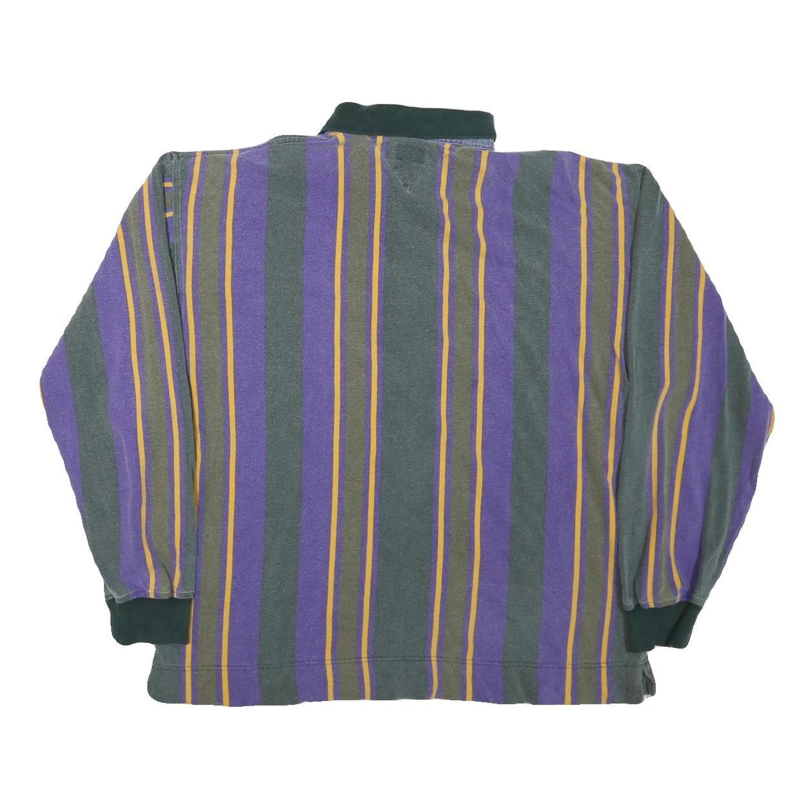 TOMMY HILFIGER Mens Purple & Green Striped Long Sleeve Polo Shirt XL Cotton
