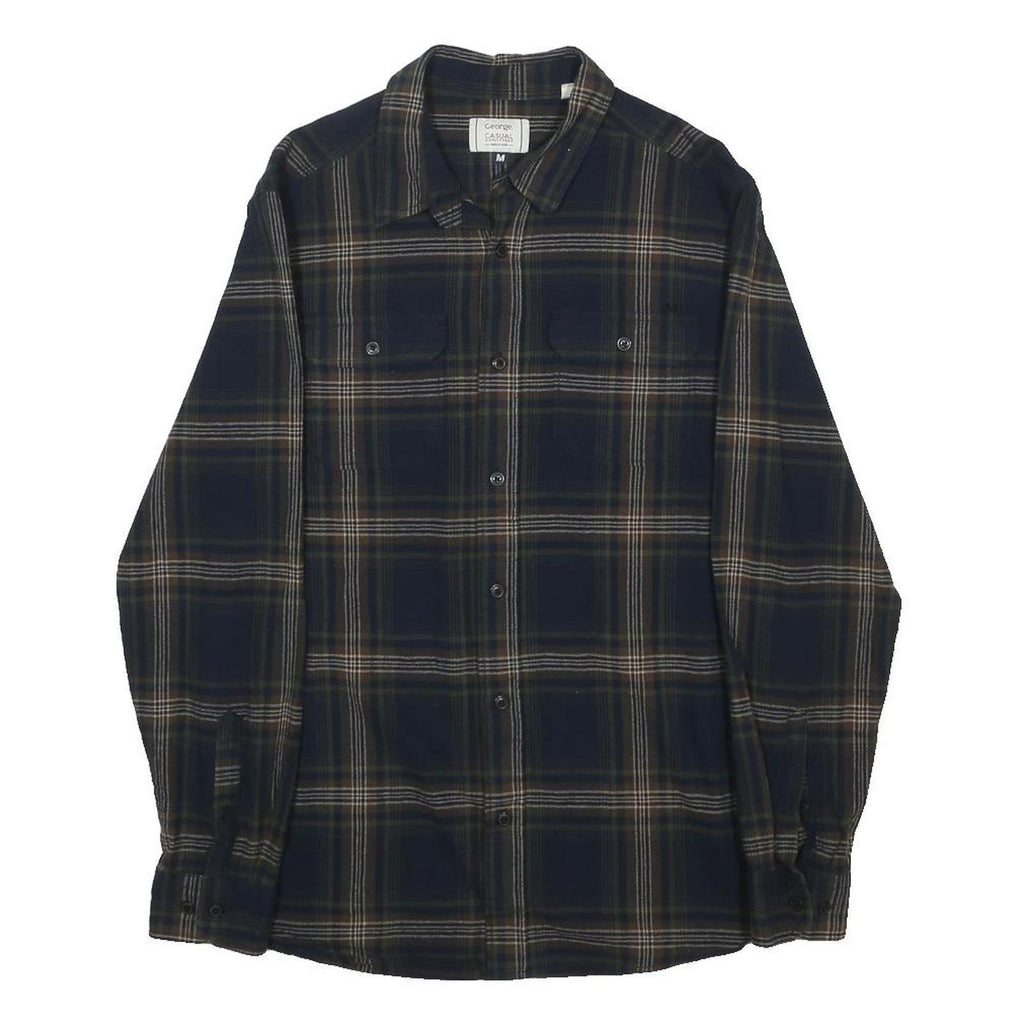 GEORGE Mens Blue & Brown Check Shirt M Casual Cotton Long Sleeve Button Closure