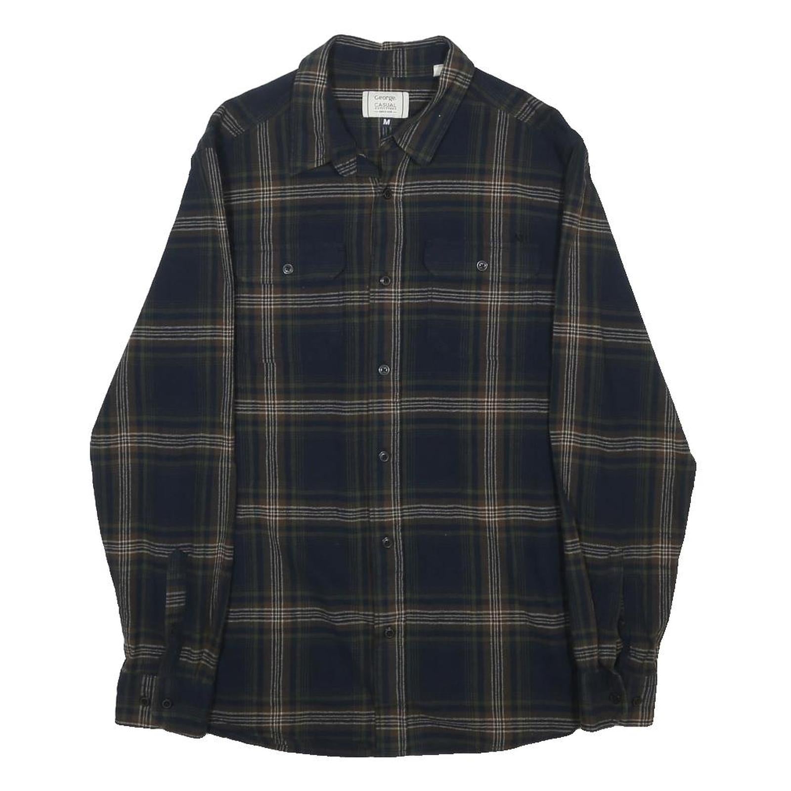 GEORGE Mens Blue & Brown Check Shirt M Casual Cotton Long Sleeve Button Closure