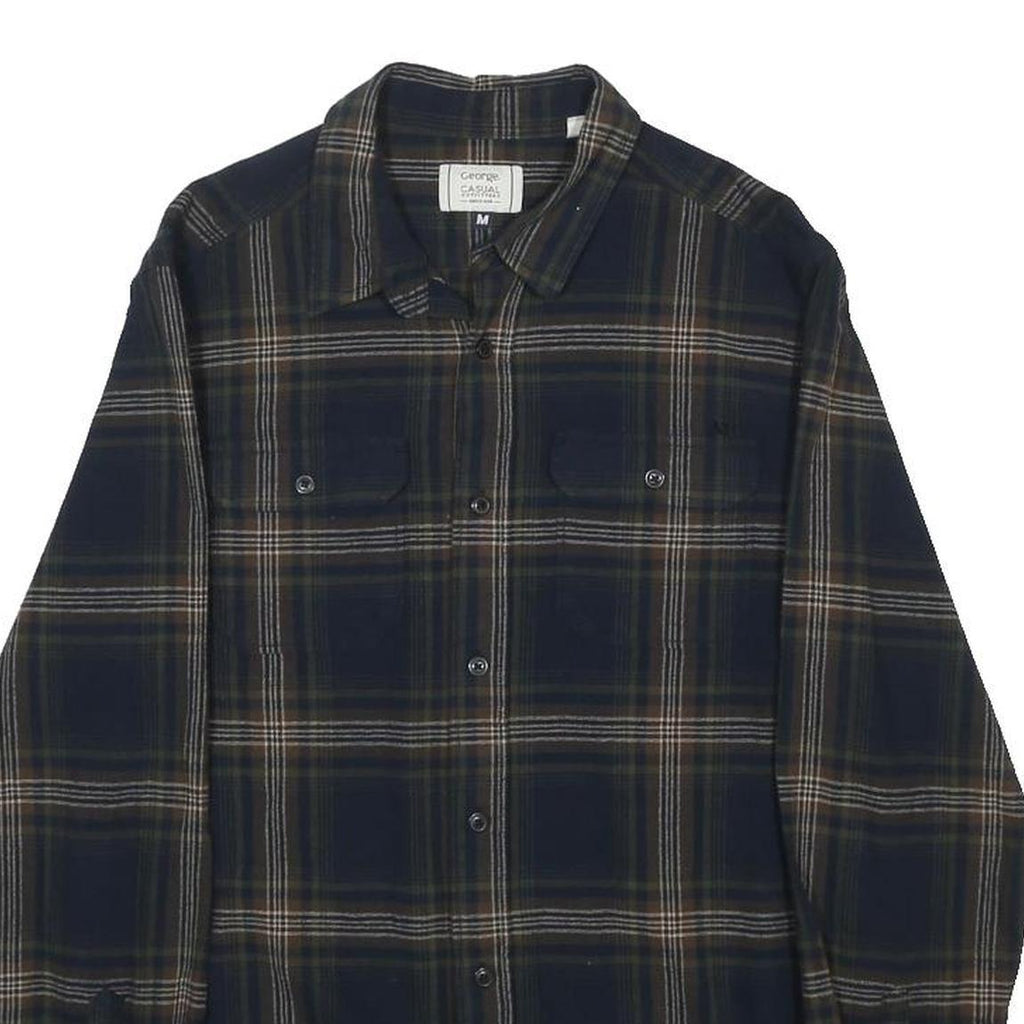 GEORGE Mens Blue & Brown Check Shirt M Casual Cotton Long Sleeve Button Closure