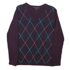 TOMMY HILFIGER Mens Burgundy & Navy Argyle Pattern V-Neck Basic Knit S Sweater