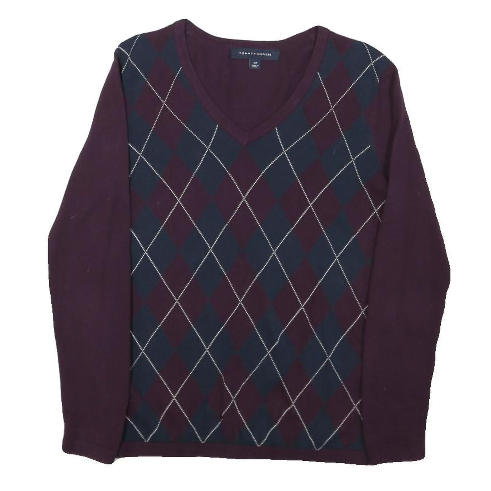 TOMMY HILFIGER Mens Burgundy & Navy Argyle Pattern V-Neck Basic Knit S Sweater