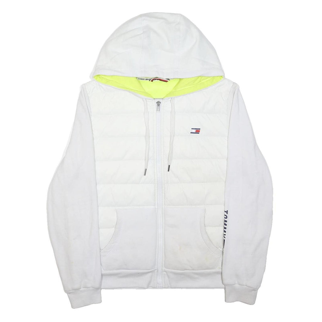 TOMMY HILFIGER Womens White Quilted Jacket L Polyester Zip Hooded Logo Sleeve