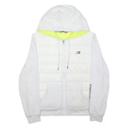 TOMMY HILFIGER Womens White Quilted Jacket L Polyester Zip Hooded Logo Sleeve