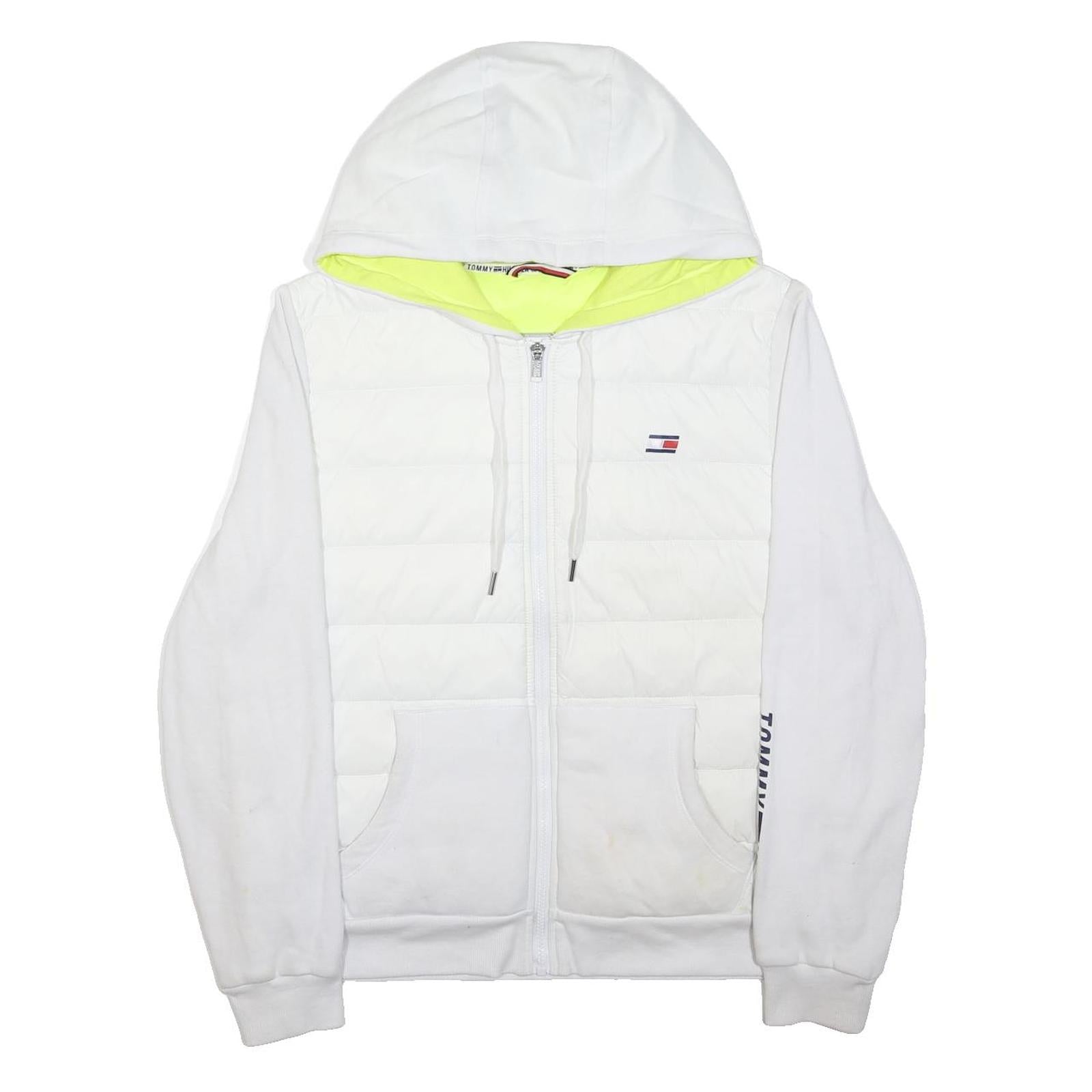 TOMMY HILFIGER Womens White Quilted Jacket L Polyester Zip Hooded Logo Sleeve