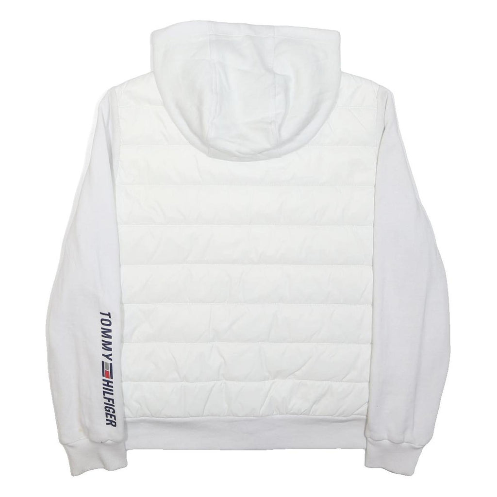 TOMMY HILFIGER Womens White Quilted Jacket L Polyester Zip Hooded Logo Sleeve