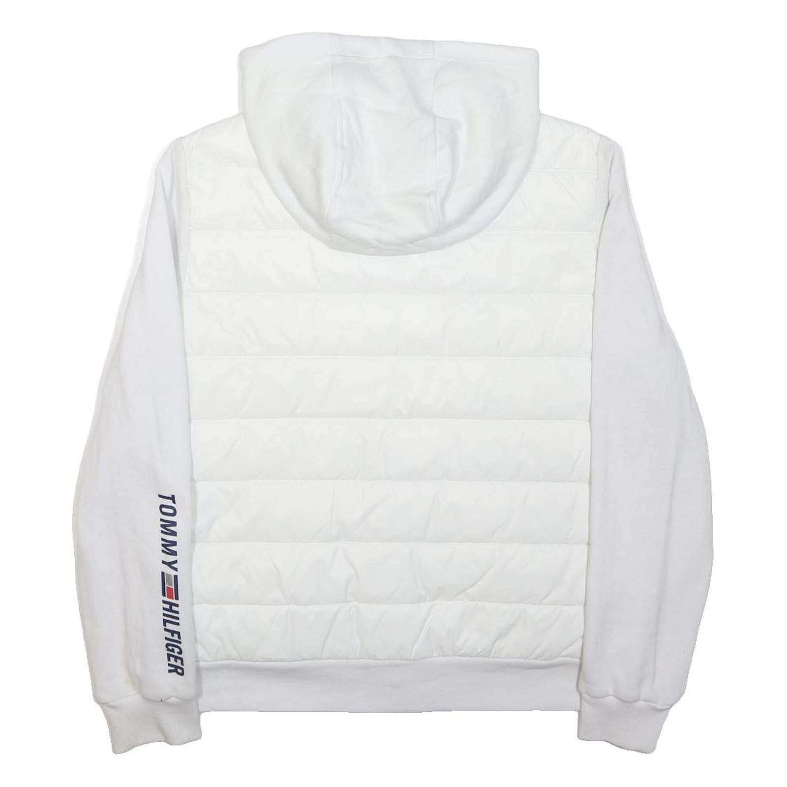TOMMY HILFIGER Womens White Quilted Jacket L Polyester Zip Hooded Logo Sleeve