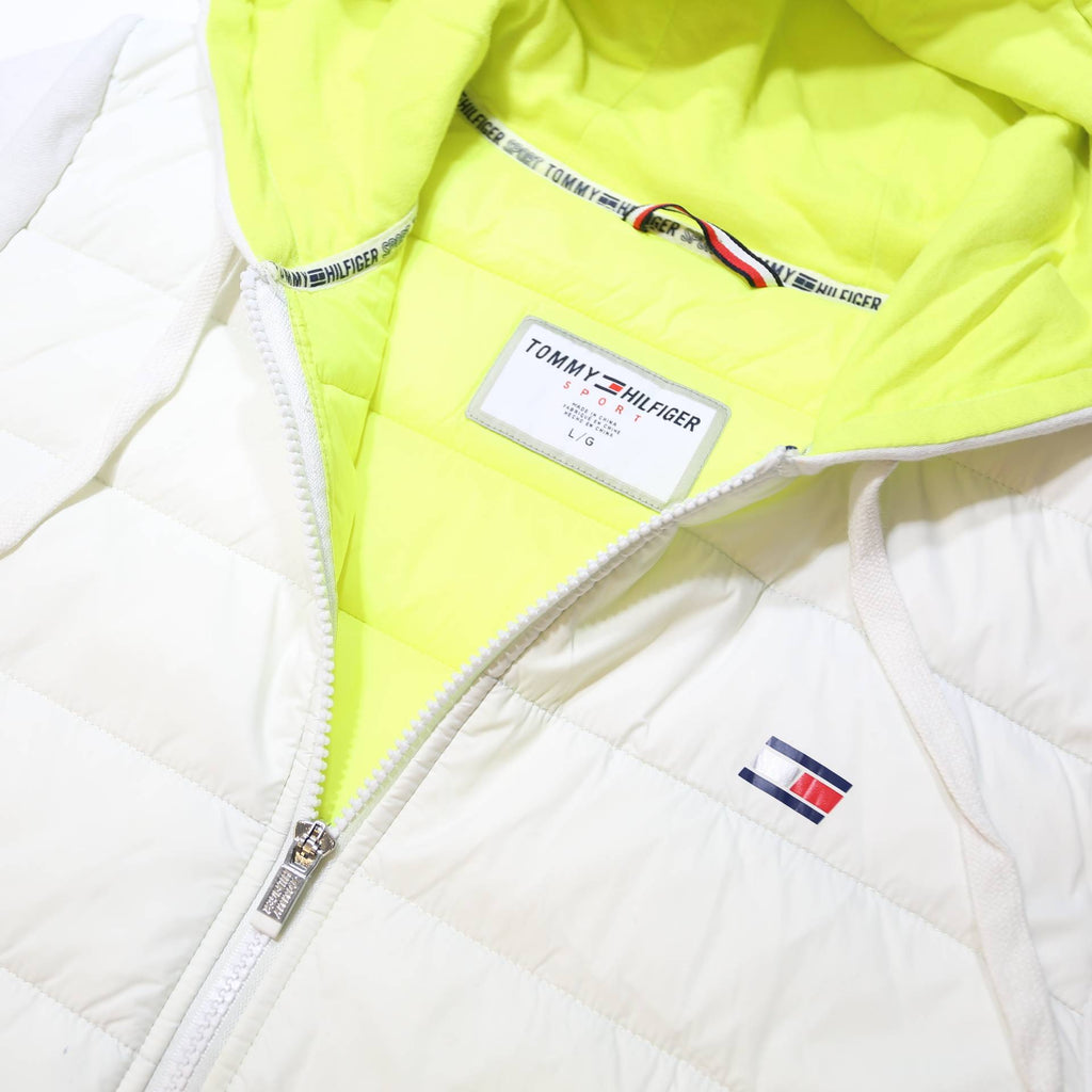 TOMMY HILFIGER Womens White Quilted Jacket L Polyester Zip Hooded Logo Sleeve
