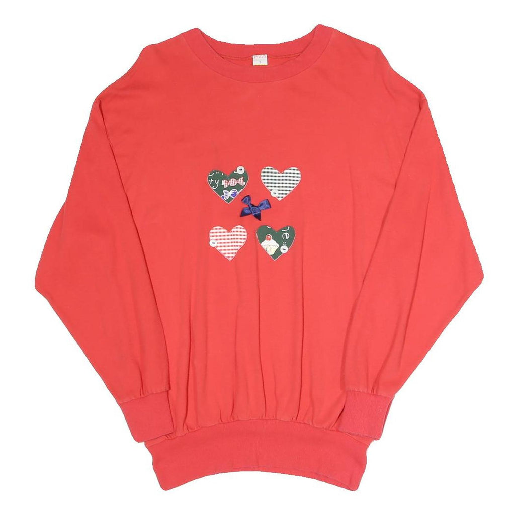 Womens Red Sweatshirt Hearts Applique Crew Neck S Cotton Blend Pullover Comfort