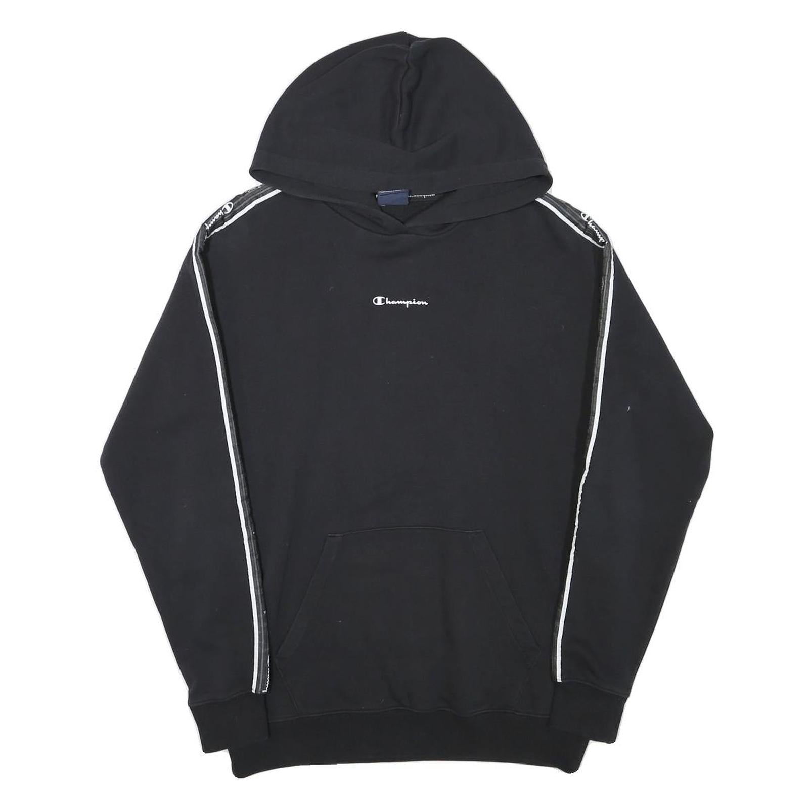 CHAMPION Mens Black Logo Taped Sleeve Pullover Hoodie S Cotton Blend Casual