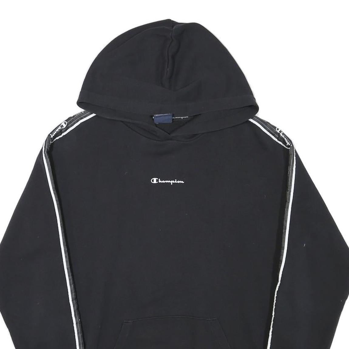 CHAMPION Mens Black Logo Taped Sleeve Pullover Hoodie S Cotton Blend Casual