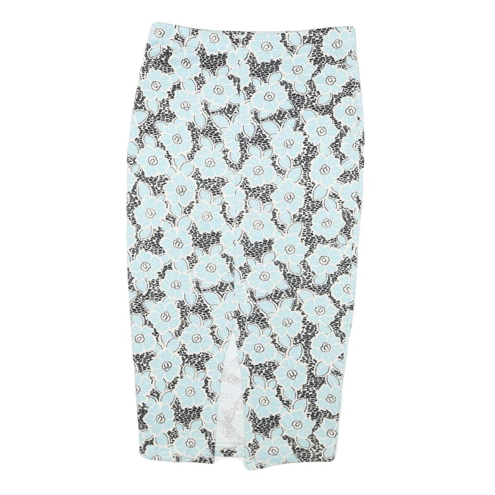 G21 Womens Blue & Black Floral Pencil Knee Length Cotton Blend Skirt M