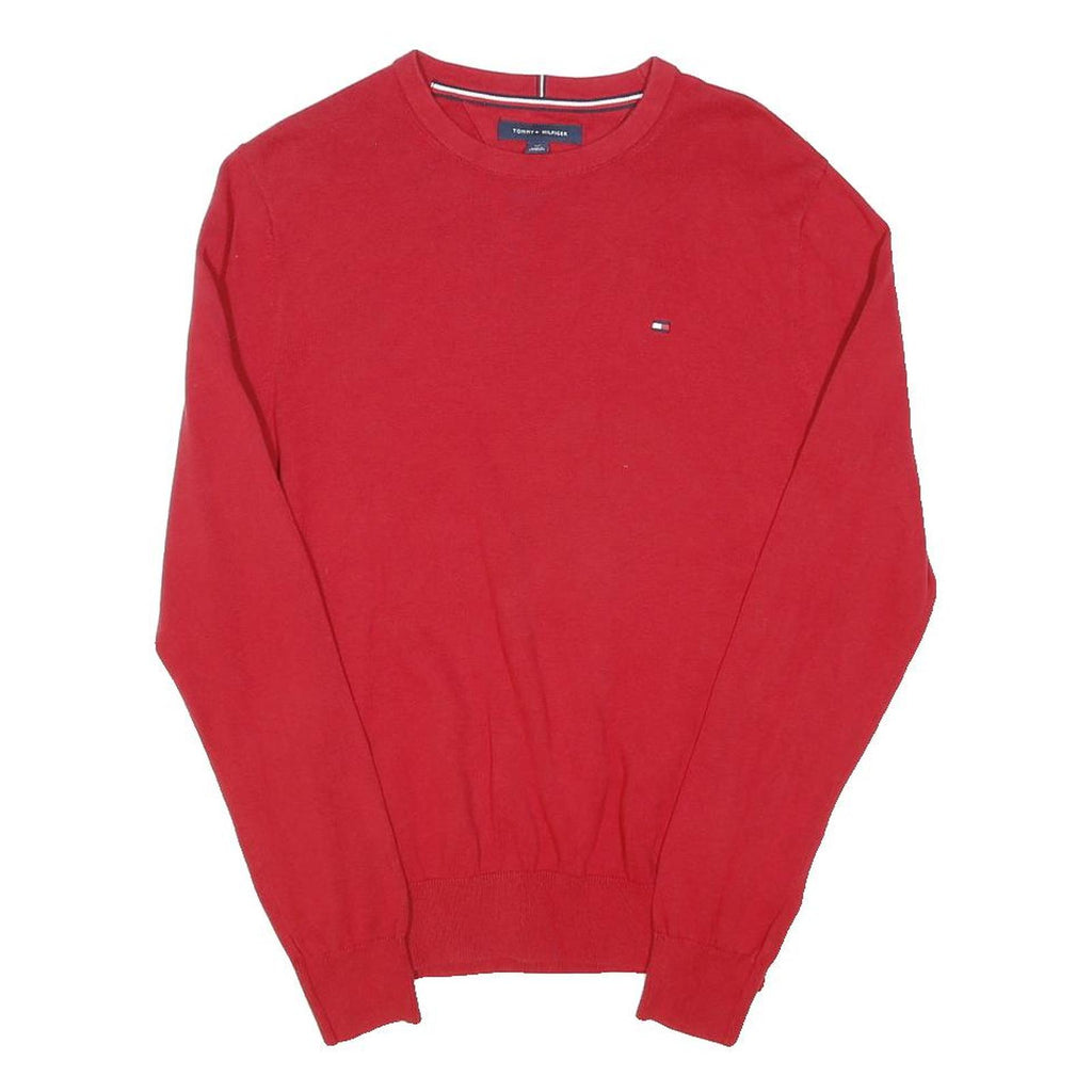 TOMMY HILFIGER Mens Red Plain Crew Neck Basic Knit Jumper S Cotton Blend