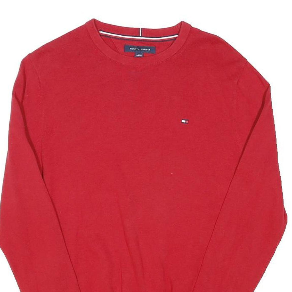 TOMMY HILFIGER Mens Red Plain Crew Neck Basic Knit Jumper S Cotton Blend