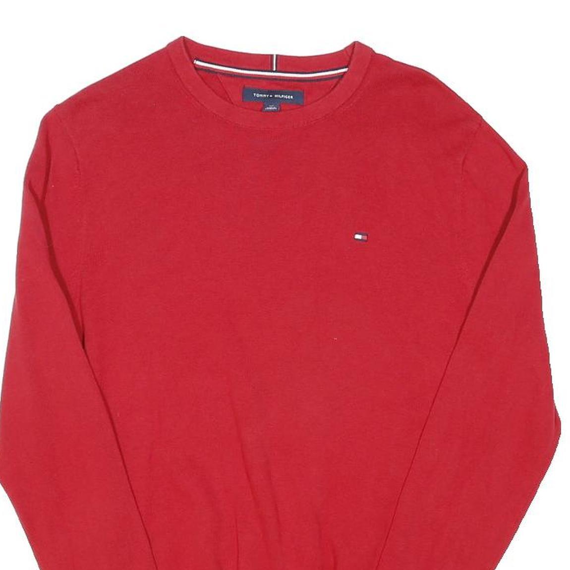 TOMMY HILFIGER Mens Red Plain Crew Neck Basic Knit Jumper S Cotton Blend