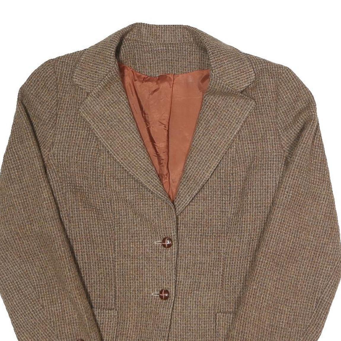 LARRY LEVINE Womens Brown Wool Check Single Breasted Blazer Jacket S Wool