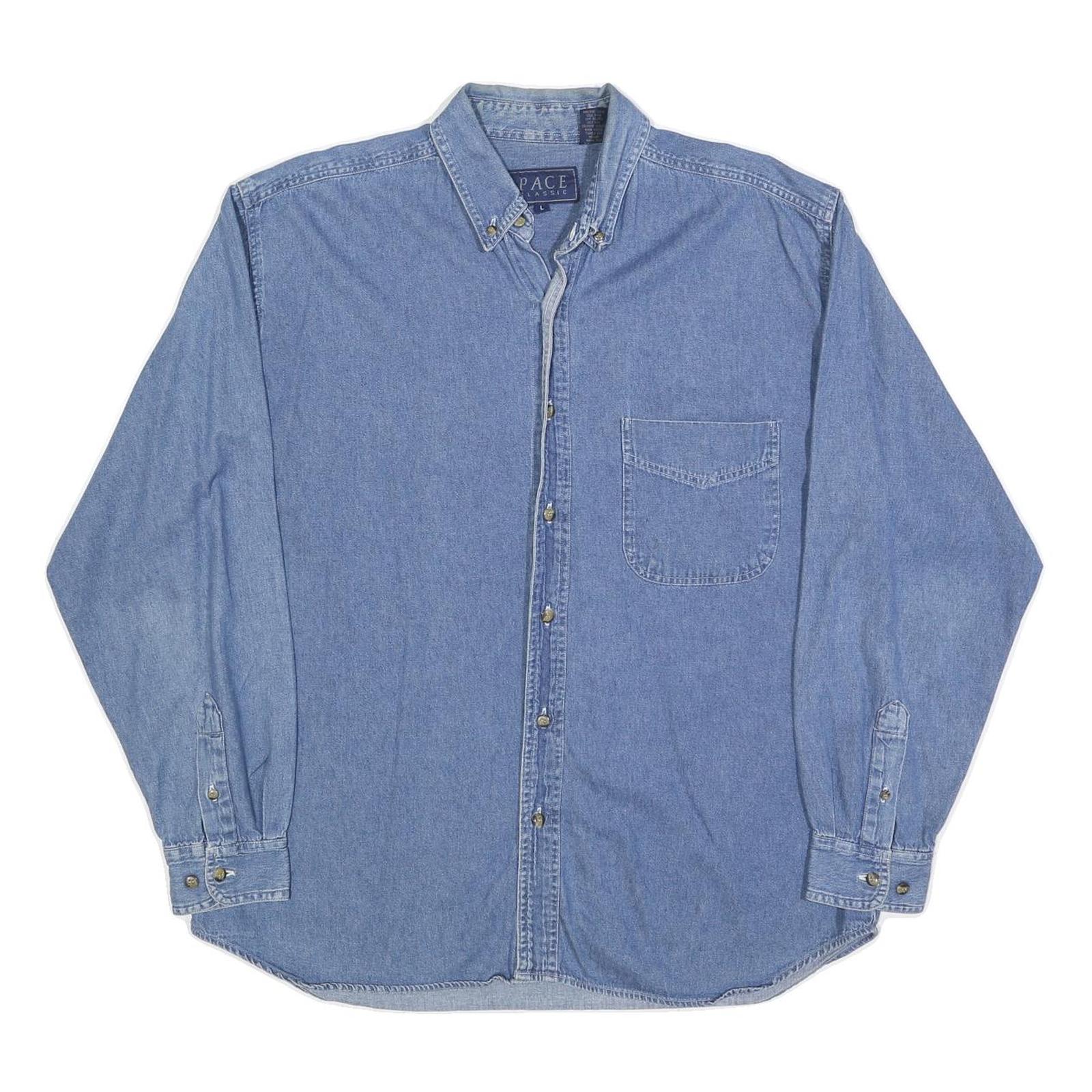 PACE Mens Blue Denim Shirt L Cotton Classic Button Down Long Sleeve Casual