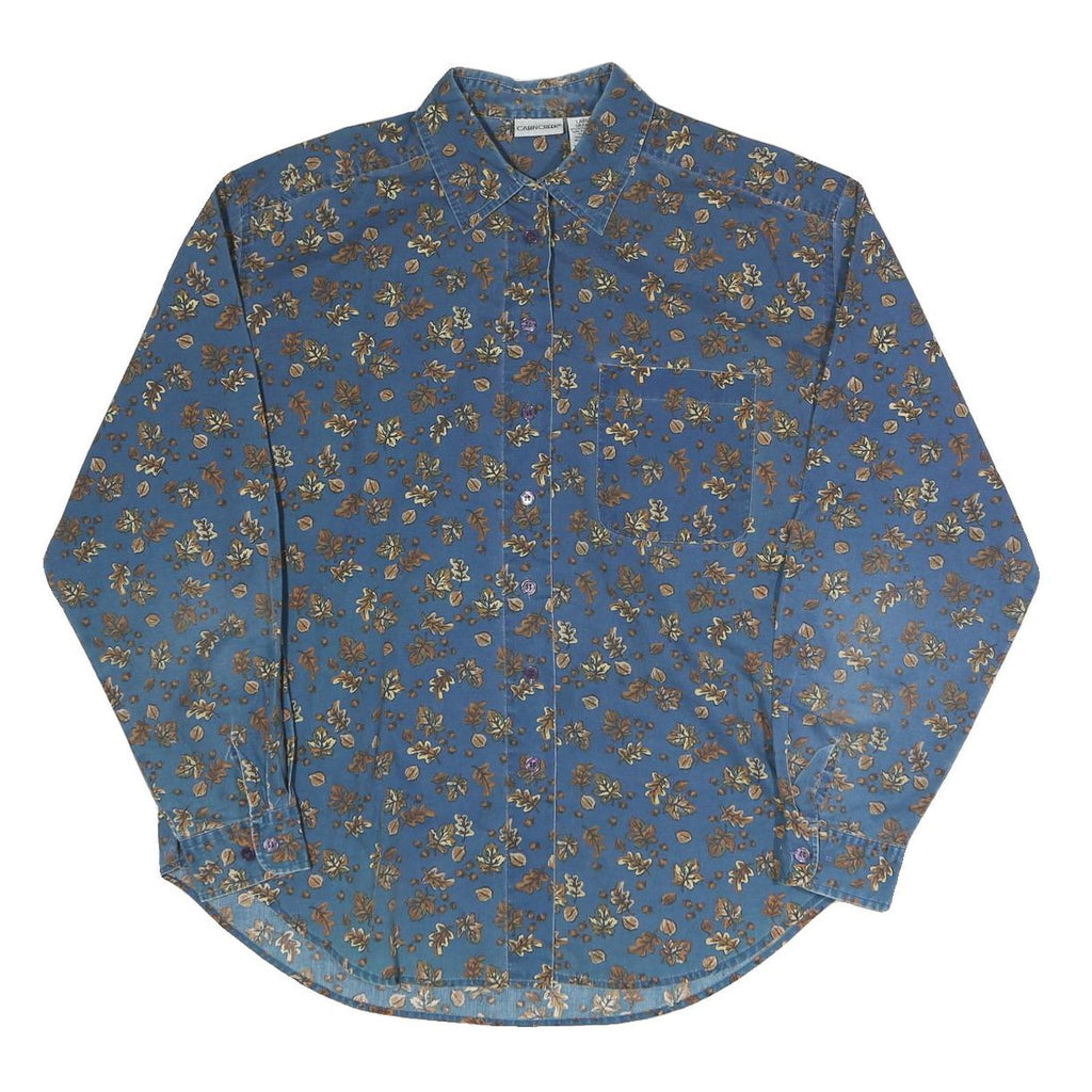 CABIN CREEK Womens Blue Floral Shirt Long Sleeve Button Neck L Cotton Blend Top