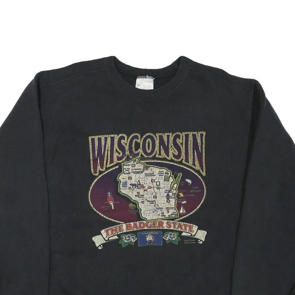 Mens Black Sweatshirt Wisconsin Map The Badger State Crew Neck L Regional Print