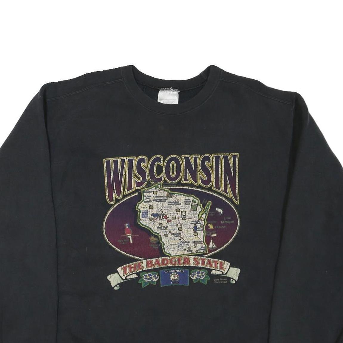 Mens Black Sweatshirt Wisconsin Map The Badger State Crew Neck L Regional Print