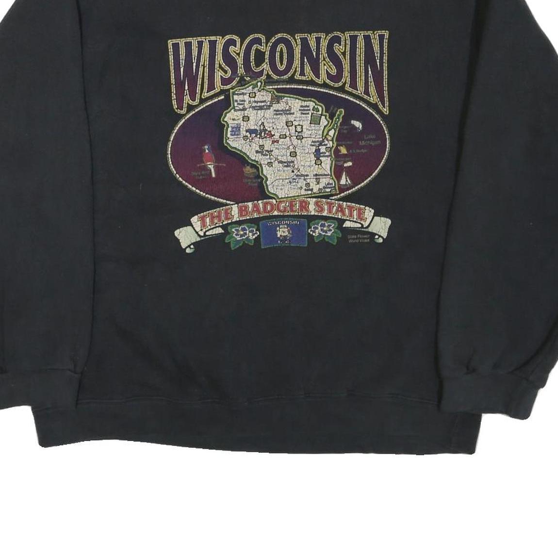 Mens Black Sweatshirt Wisconsin Map The Badger State Crew Neck L Regional Print