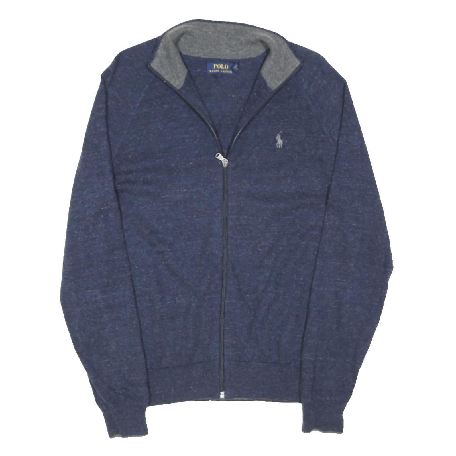 POLO RALPH LAUREN Mens Blue Plain Cotton Blend Jumper Full Zip Crew Neck M