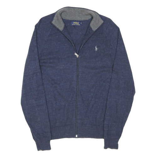 POLO RALPH LAUREN Mens Blue Plain Cotton Blend Jumper Full Zip Crew Neck M