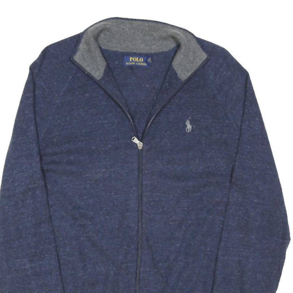 POLO RALPH LAUREN Mens Blue Plain Cotton Blend Jumper Full Zip Crew Neck M
