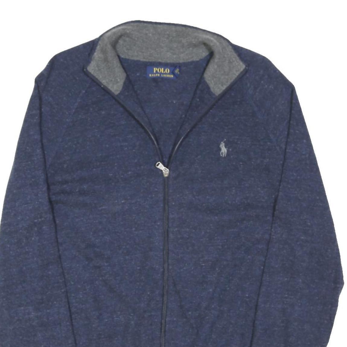 POLO RALPH LAUREN Mens Blue Plain Cotton Blend Jumper Full Zip Crew Neck M
