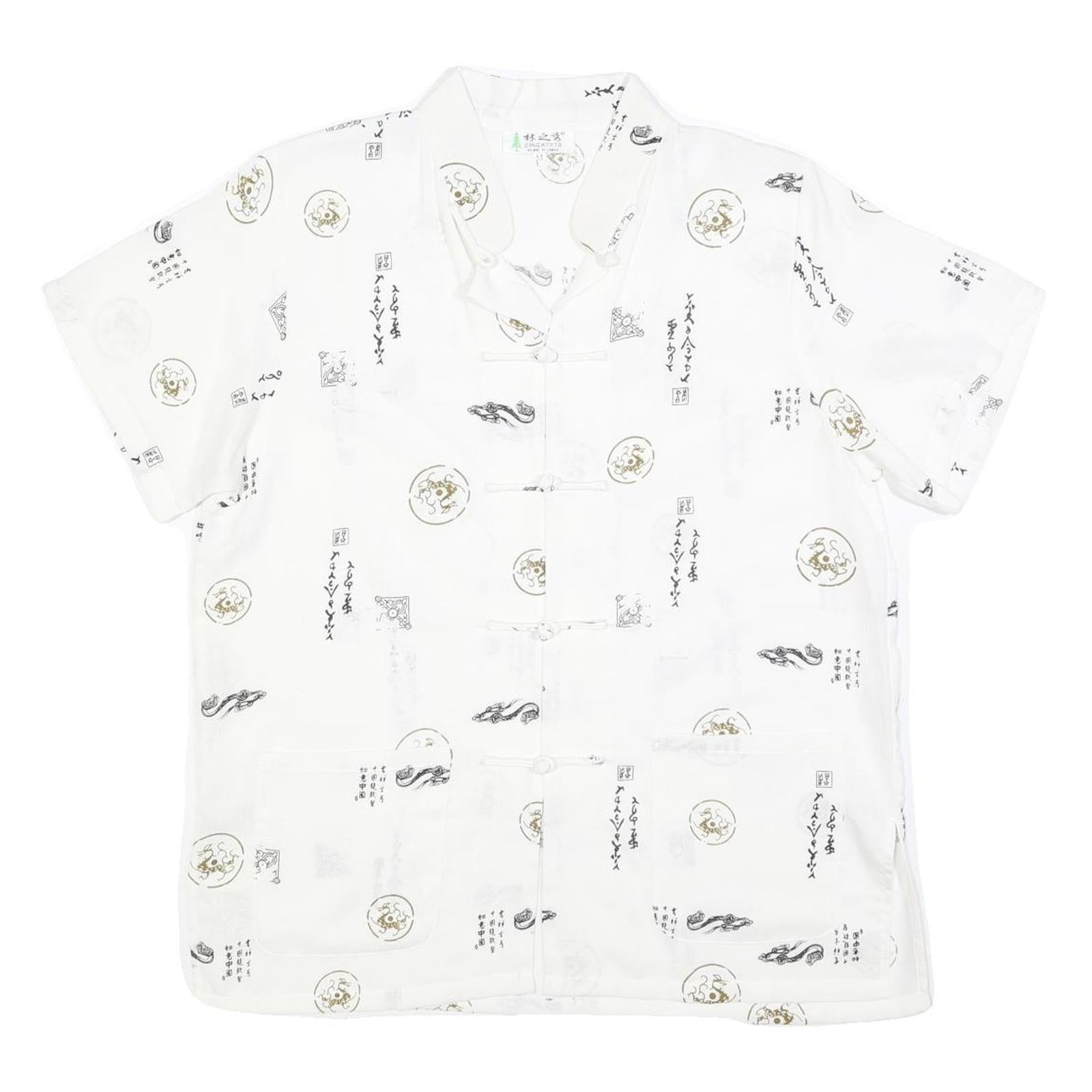 Mens White Chinese Style Button Shirt M Oriental Print Summer Casual