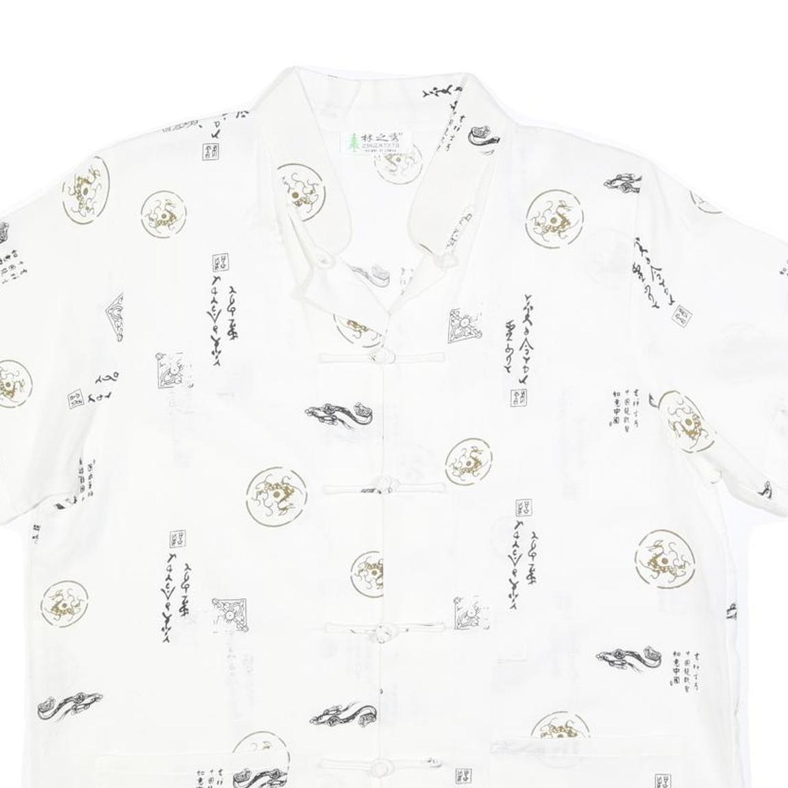 Mens White Chinese Style Button Shirt M Oriental Print Summer Casual