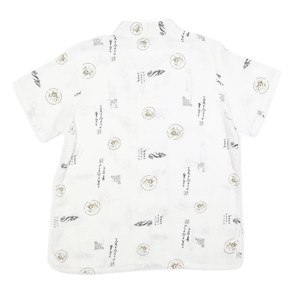 Mens White Chinese Style Button Shirt M Oriental Print Summer Casual