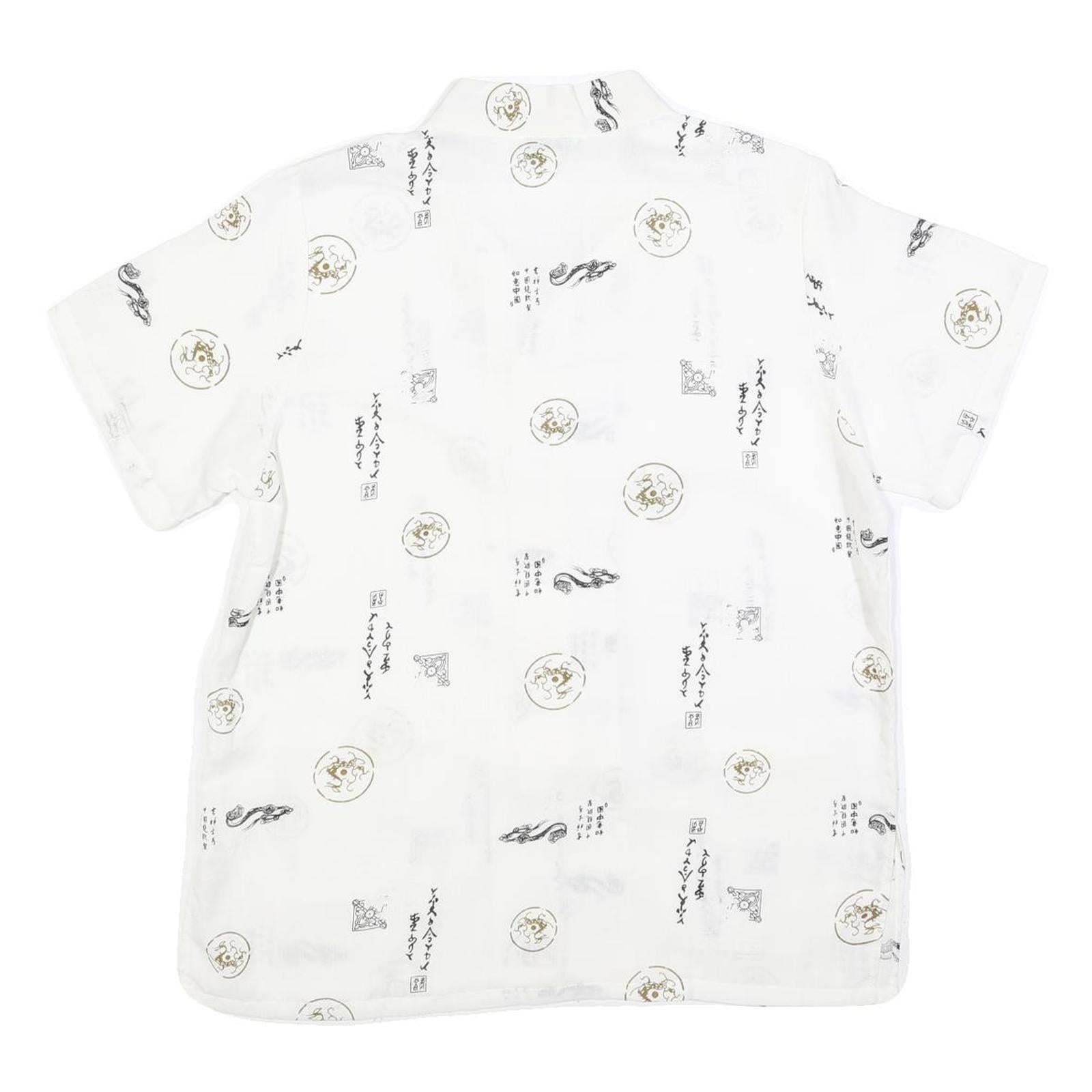 Mens White Chinese Style Button Shirt M Oriental Print Summer Casual