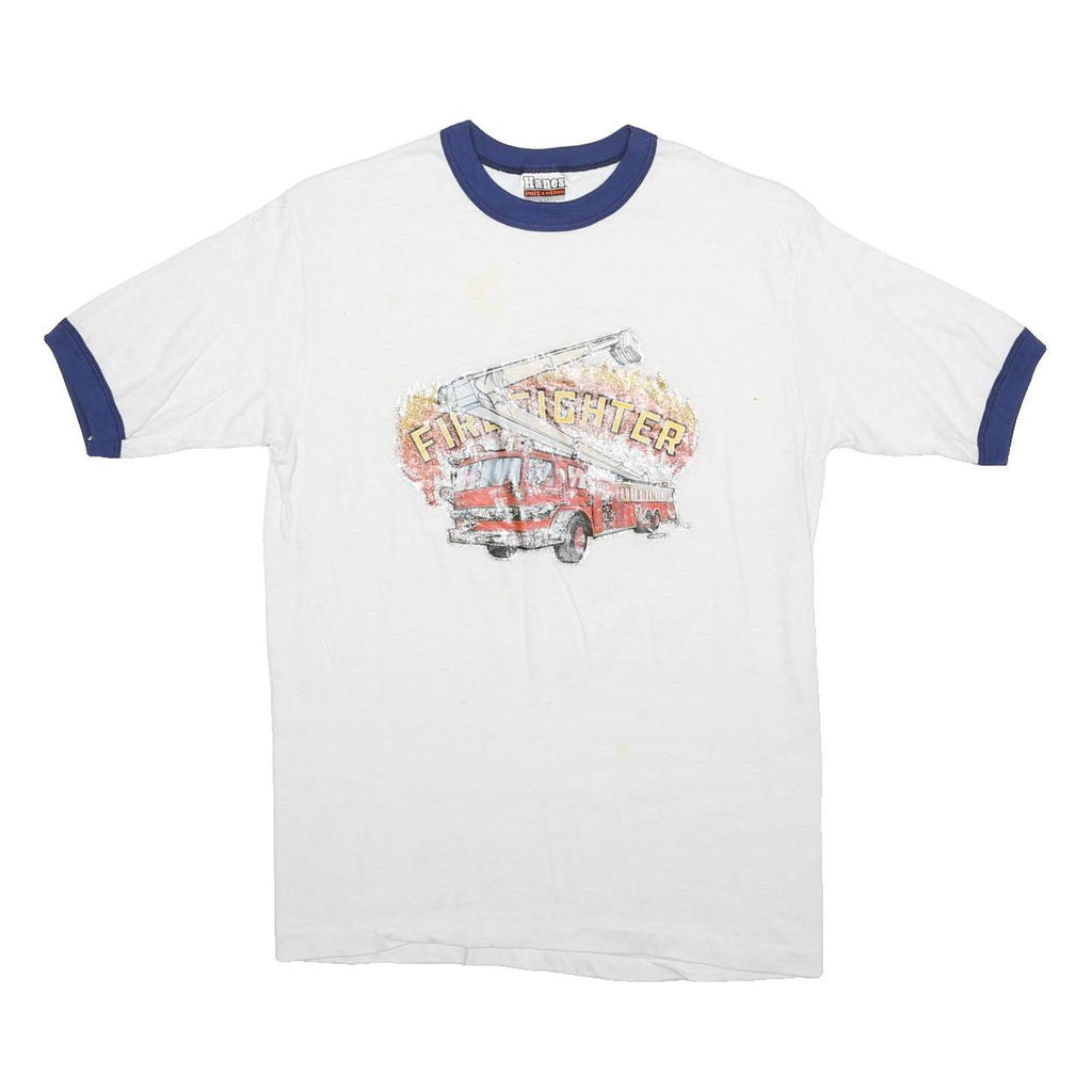 HANES Boys White & Blue Firefighter Graphic T-Shirt M Short Sleeve Crew Neck