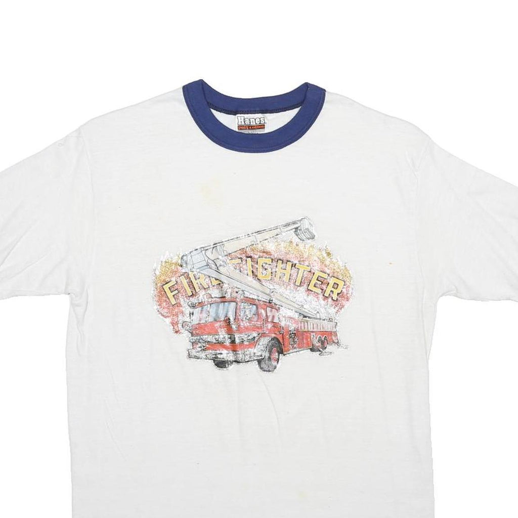 HANES Boys White & Blue Firefighter Graphic T-Shirt M Short Sleeve Crew Neck