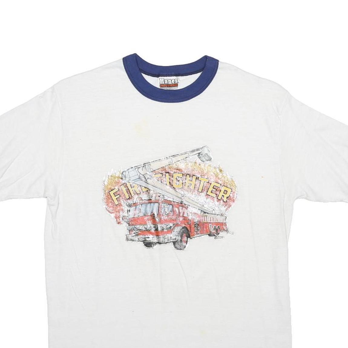 HANES Boys White & Blue Firefighter Graphic T-Shirt M Short Sleeve Crew Neck