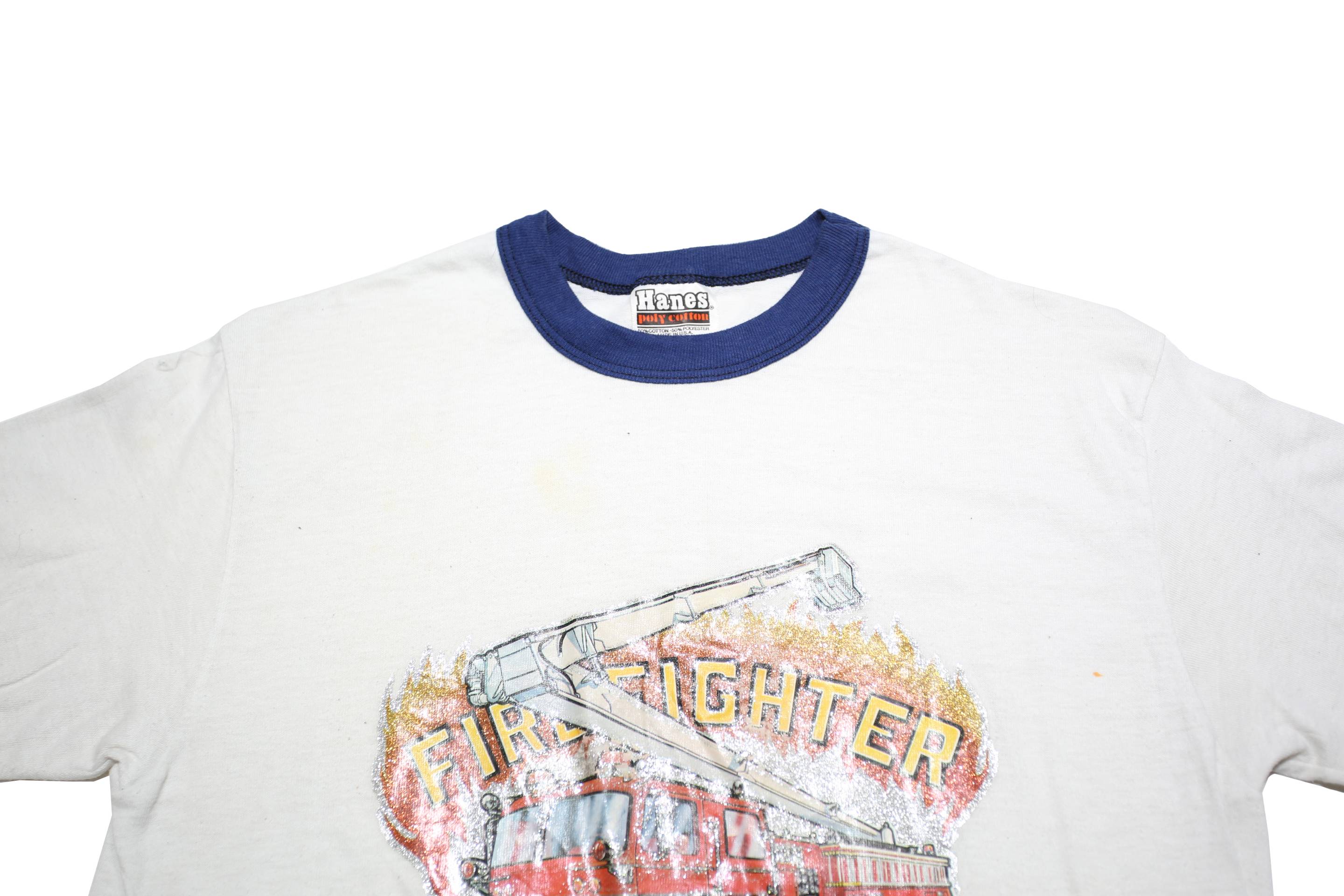 HANES Boys White & Blue Firefighter Graphic T-Shirt M Short Sleeve Crew Neck