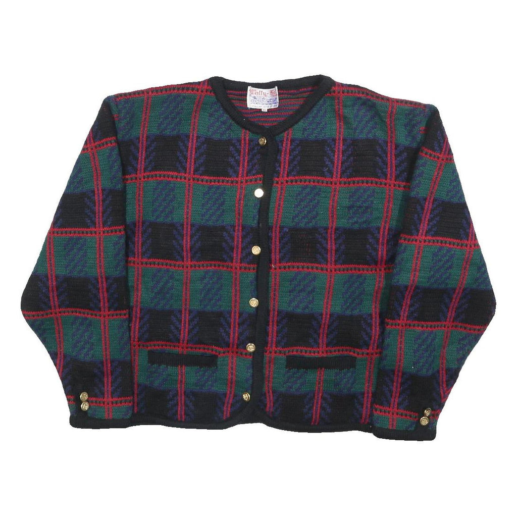 TALLY-HO Womens Green & Red Patterned Button Up Jumper Crew Neck Basic Knit XL