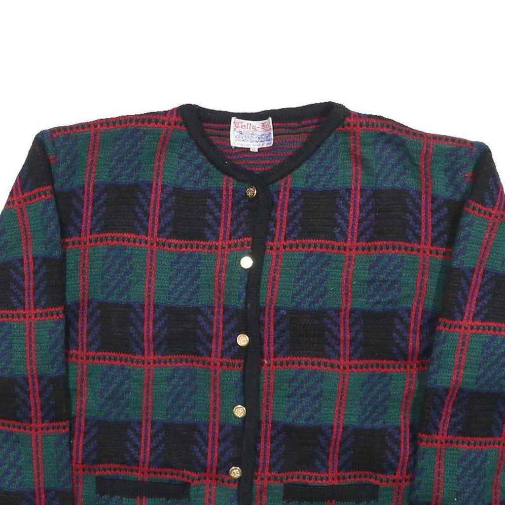 TALLY-HO Womens Green & Red Patterned Button Up Jumper Crew Neck Basic Knit XL