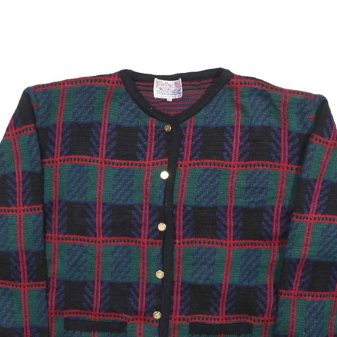 TALLY-HO Womens Green & Red Patterned Button Up Jumper Crew Neck Basic Knit XL