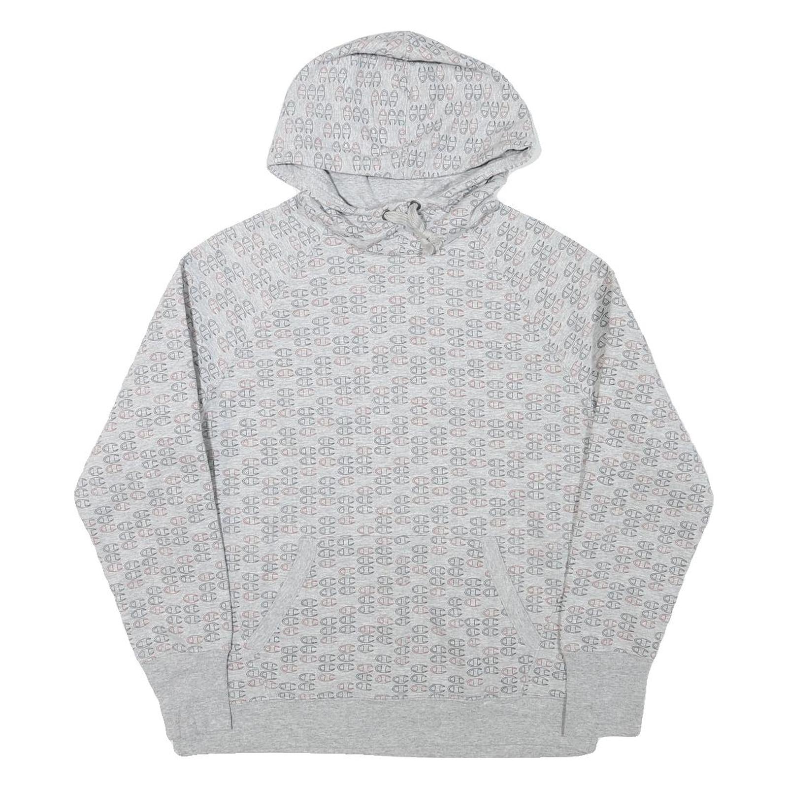 CHAMPION Mens Grey All Over Logo Print Pullover Hoodie M Casual Wear