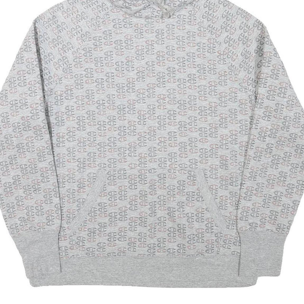 CHAMPION Mens Grey All Over Logo Print Pullover Hoodie M Casual Wear