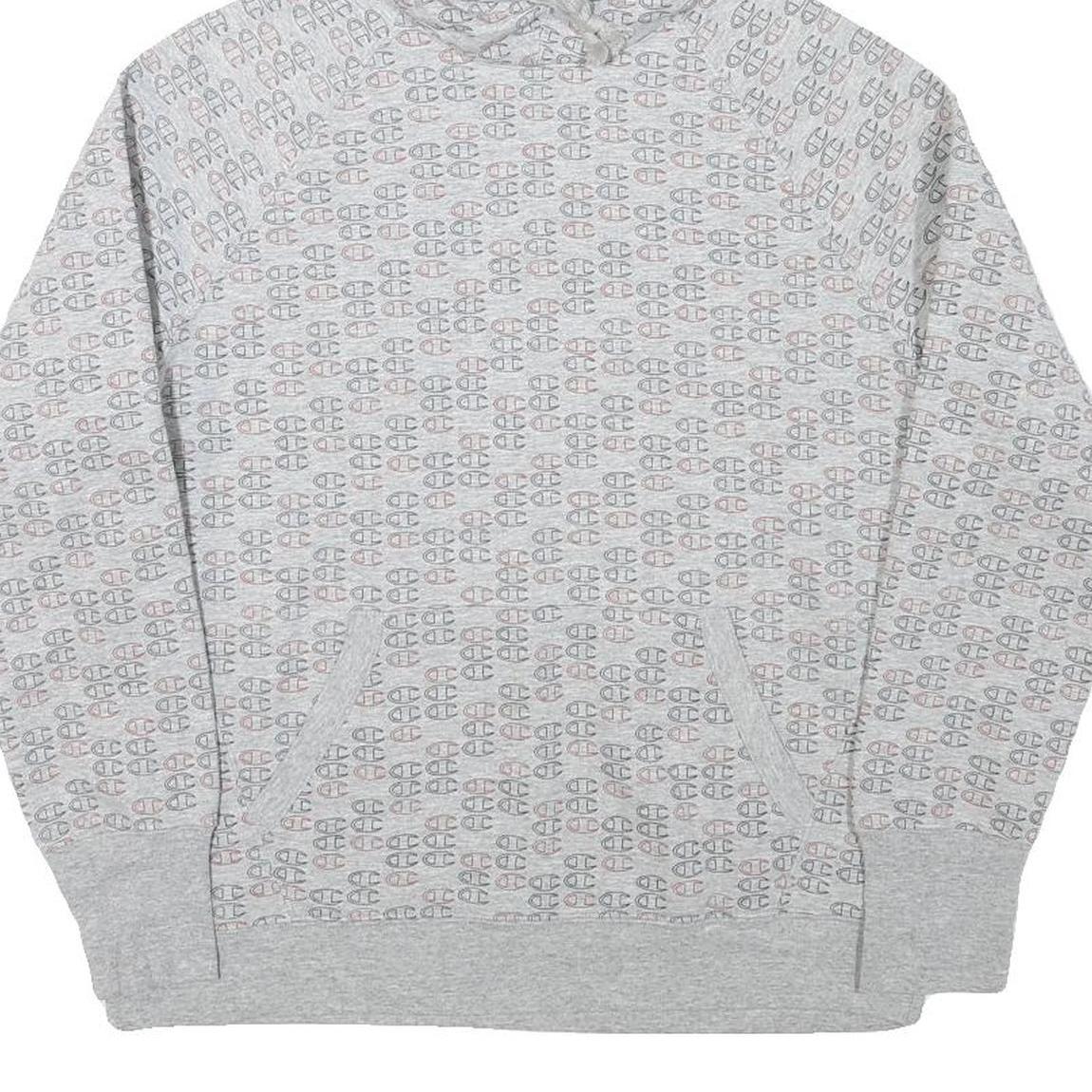 CHAMPION Mens Grey All Over Logo Print Pullover Hoodie M Casual Wear