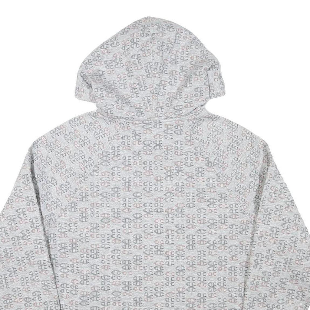 CHAMPION Mens Grey All Over Logo Print Pullover Hoodie M Casual Wear