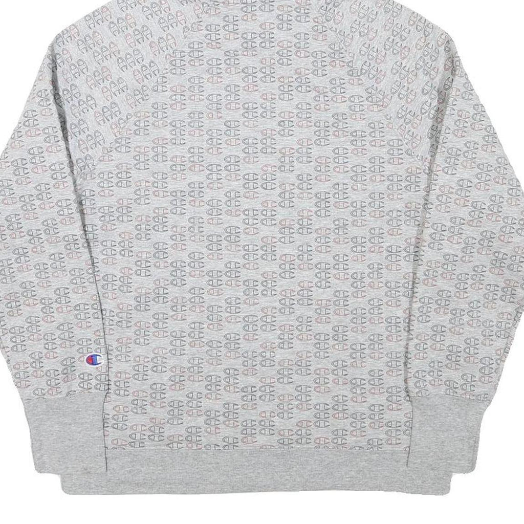 CHAMPION Mens Grey All Over Logo Print Pullover Hoodie M Casual Wear