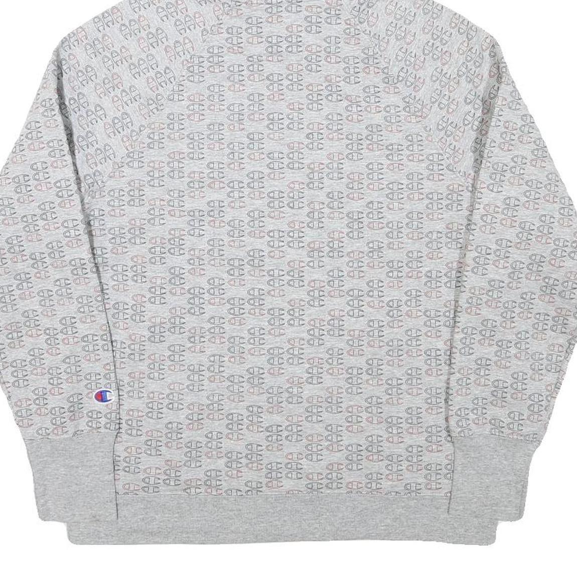 CHAMPION Mens Grey All Over Logo Print Pullover Hoodie M Casual Wear