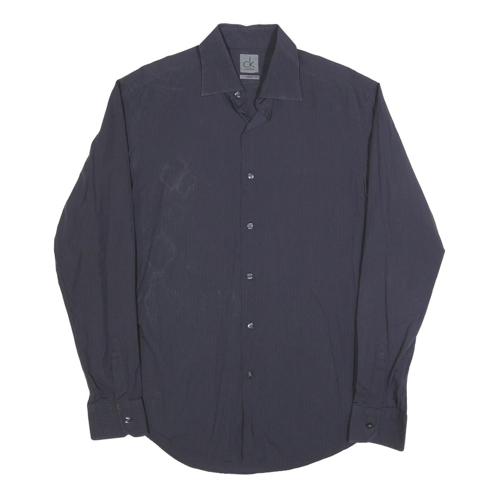 CALVIN KLEIN Mens Black Pinstripe Shirt L Button Closure Long Sleeve Elegant Fit