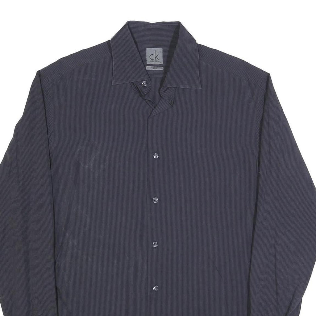 CALVIN KLEIN Mens Black Pinstripe Shirt L Button Closure Long Sleeve Elegant Fit